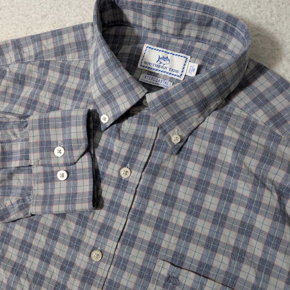 Southern Tide Intercoastal Shirt Mens Med Blue‎ Plaid L/S Stretch Button Down